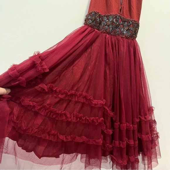 Free People Ruffle Poofy Tulle Sheer Babydoll Keyhole Beaded Formal Boho Dress - Picture 6 of 12